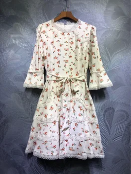 

high quality designer womensweet lace patchwork floral printed mini dresses elegant flare sleeve belt o-neck dress holiday Y789