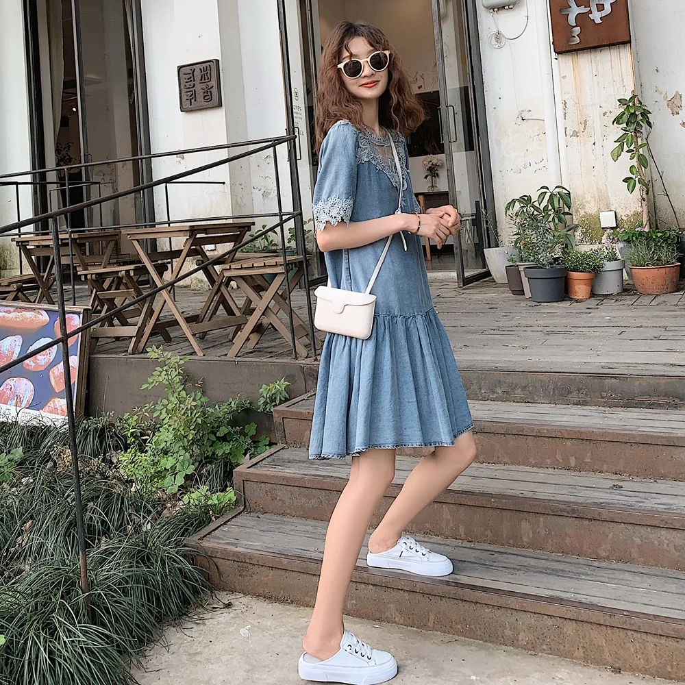 

Photo Shoot 2019 Summer New Style Korean-style WOMEN'S Wear Hipster Vintage CHIC-Style Cowboy Joint Lace Dress