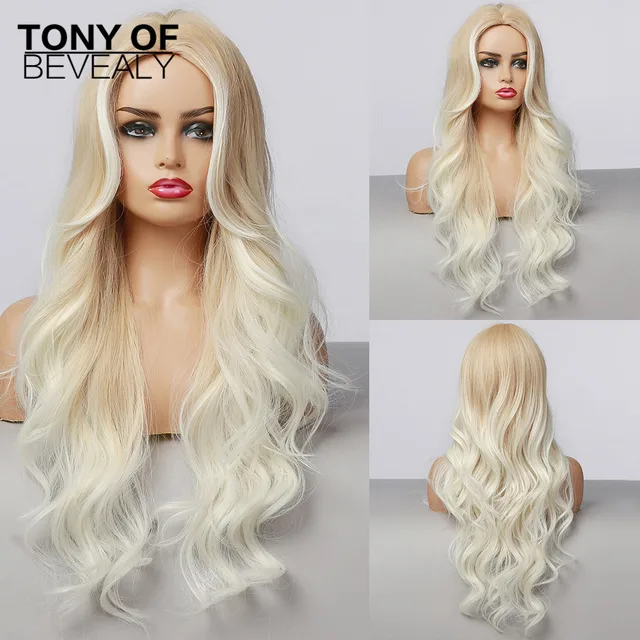 Long Water Wavy Synthetic Wigs Ombre Brown Middle Part Natural Hair Wigs For Women Cosplay Wigs Heat Resistant Fiber LC014-1
