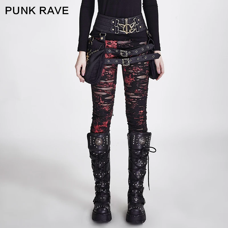 Baratos PUNK RAVE gótico mujeres malla rota Leggings altos agujeros elásticos ganchillo transpirable pantalones rasgados negro rojo dije de Steampunk Sexy
