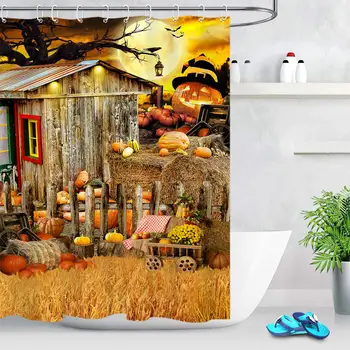 

Halloween Theme Harvest Shower Curtain Rustic Country Style Plum Pumpkins Fruits Lanterns on Faded Straw Near The Farmhouse