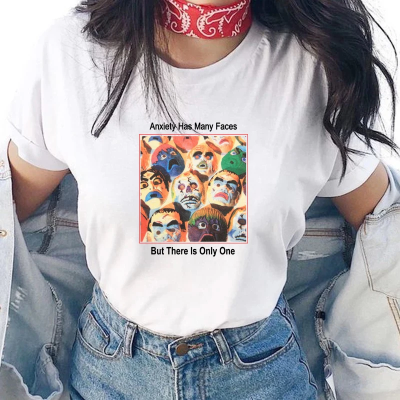 

Vintage White Tees Women Unisex Anxiety Has Many Faces Art Drawing Aesthetic 90s Fashion Tumblr Grunge Graphic Tee Cotton Shirt