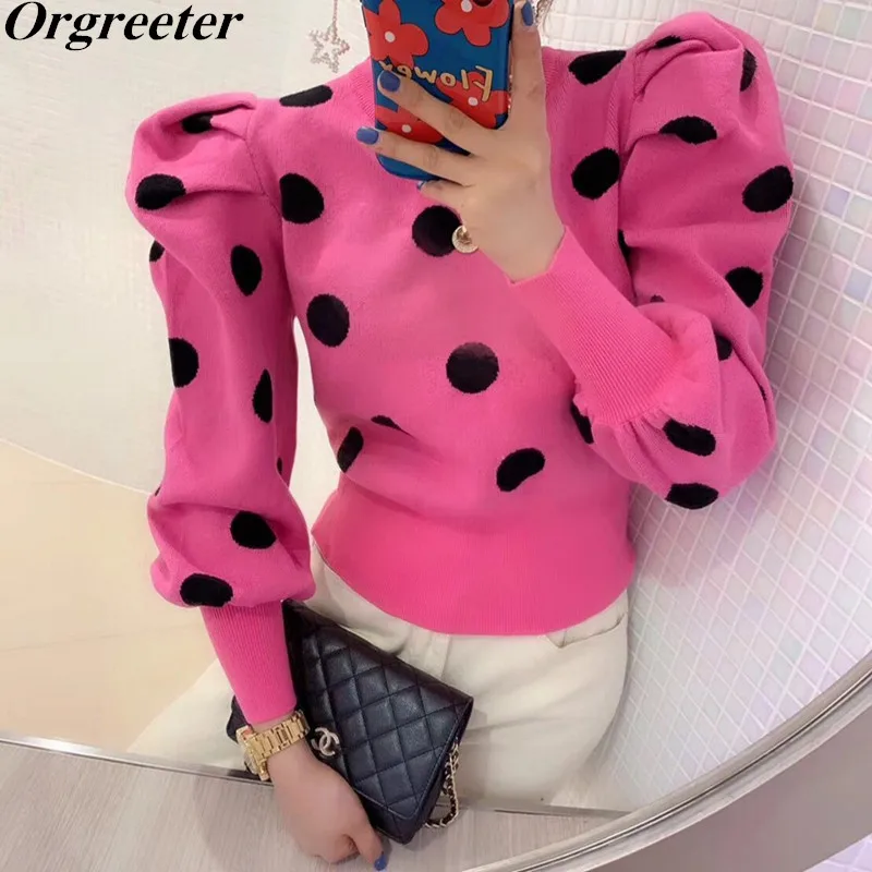 2021 Fall Winter New Design Round Neck Polka Dot Sweater Women Ruched Bubble sleeve Pullovers Female Fashion Jumper | Женская одежда