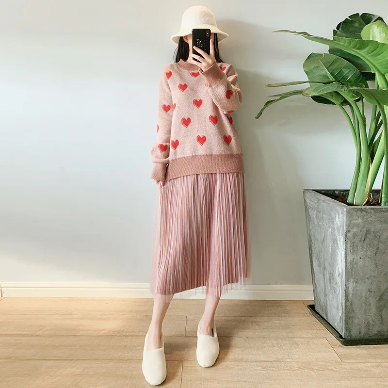 

2020 Spring Clothing New Style Large Size Dress Fat Mm Loose-Fit Slimming Heart Sweater Pleated Skirt Two-Piece Set 200 Women's