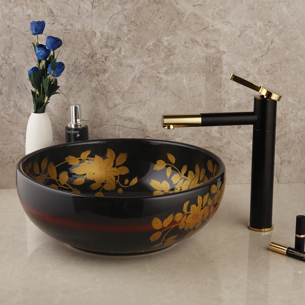 Набор для раковины для ванной комнаты Fregadero с выдвижным золотым и черным краном, ручная роспись, керамика, раковина для умывальника, емкость, смеситель для раковины, набор - Цвет: set