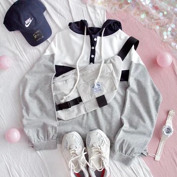 

2020 Spring New Women Casual Hooded Hoodie Teen Girls Student Loose Ins Harajuku Korean Color matching Pullover Tops Mori Girl