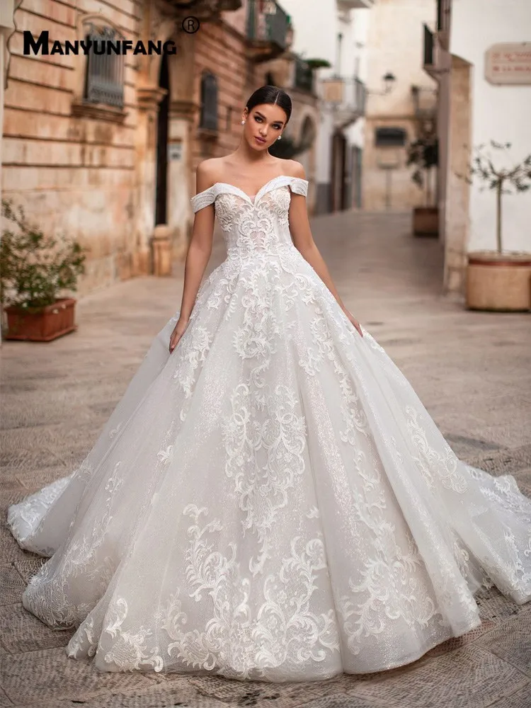 MANYUNFANG vestidos de noiva, кружевное свадебное платье с вышитыми бусинами и вырезом лодочкой, романтическое свадебное платье с соборным шлейфом