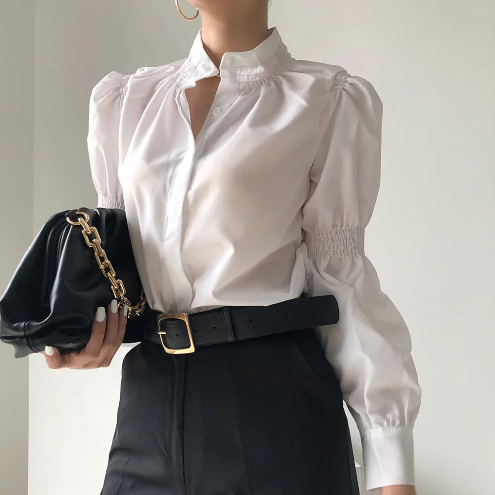 

Korean Version Japanese Blouse Spring Autumn Fashion Temperament Single-breasted Stand-up Collar Lantern Sleeve Shirt