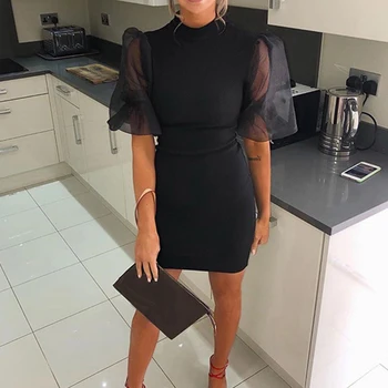 

Lantern Sleeve Black Pencil Dress Women Short Sleeve Mesh Sheath Dresses Girls O Neck Spring Summer Dress 2020 robe femme D30