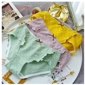 

Retro Mori Girl Wave point Printed Sweet Waffle Cotton Panties Teen Girl Sexy Cute Ruffles Briefs Underpants