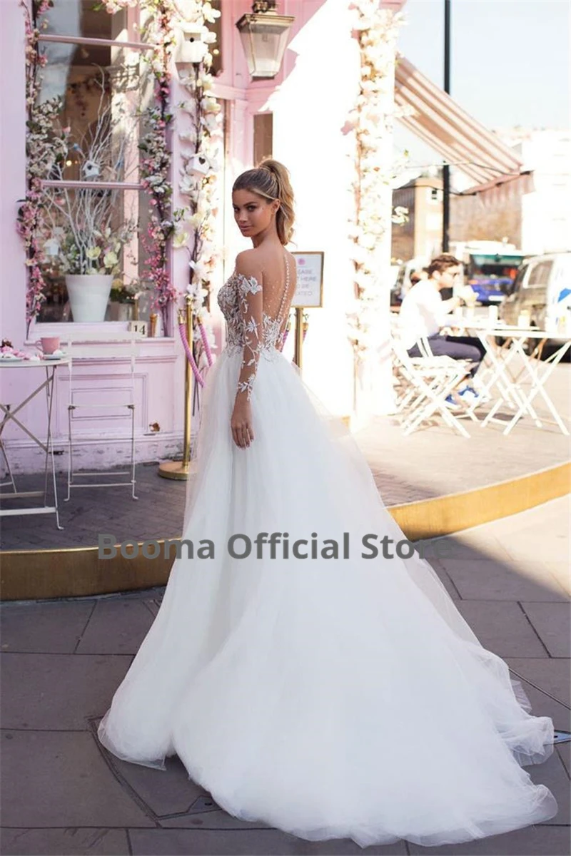 Booma vestido de novia, свадебное платье с длинным рукавом, Пляжное,, кружевное, аппликация, мягкий тюль, свадебные платья, бохо, принцесса, праздничное платье