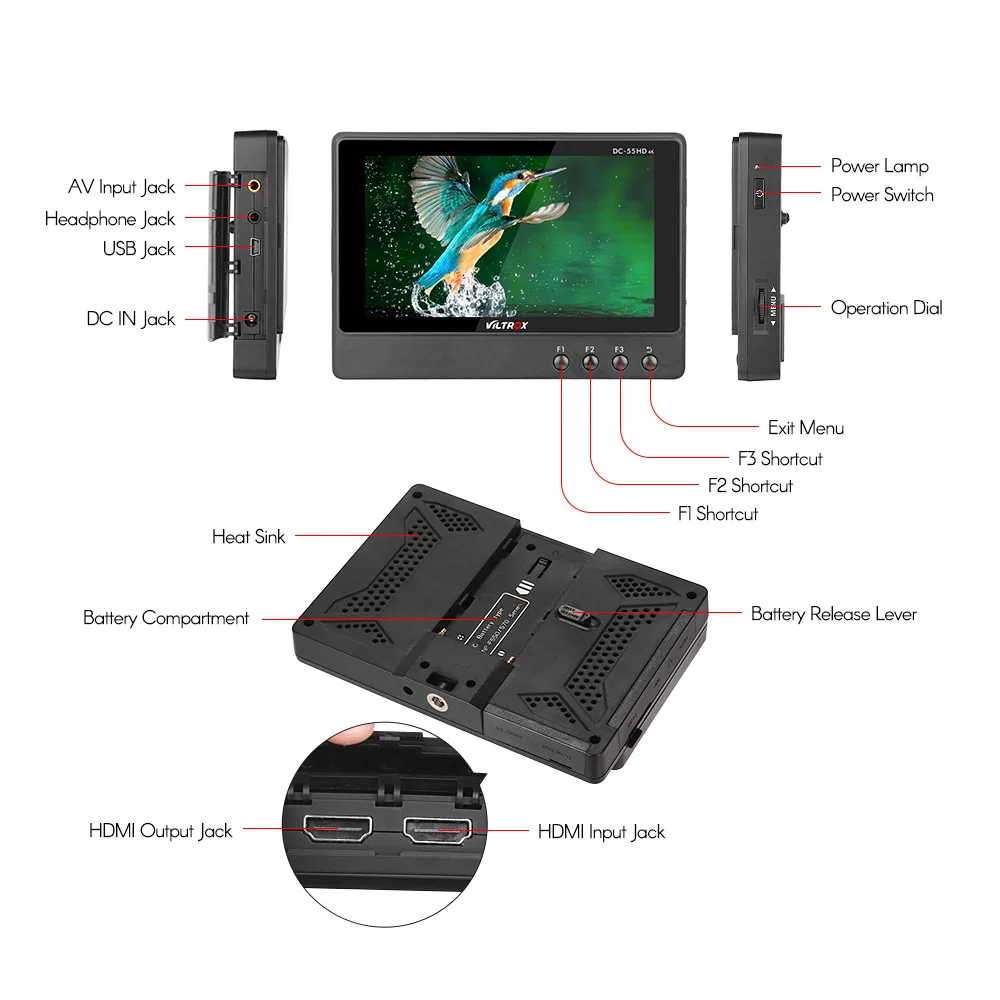 Viltrox DC-55 5," монитор камеры 1920*1080 HD монитор 4K HDMI AV вход сигнала камера видеомонитор с адаптером питания