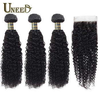 

Uneed Bundles With Closure Brazilian Afro Kinky Curly Hair 100% Human Hair Weave Bundle With Lace Closure Remy Hair Extensions