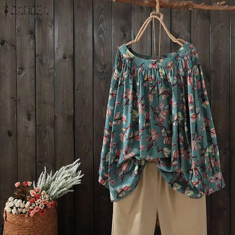 Loose Tops Tunic Women Blouses ZANZEA Bohemian Plus-Size Summer Shirt O-Neck Long-Sleeve