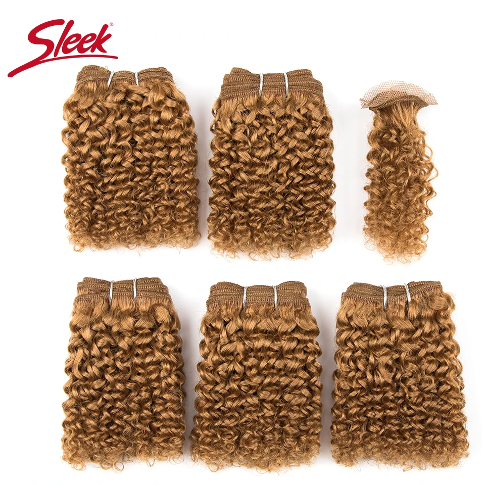 Sleek Double Drawn Blonde Color #27 30# Red 99J Short Indian Kinky Curly Bundles With Clocure Cheap 5 Hair Weave | Шиньоны и парики
