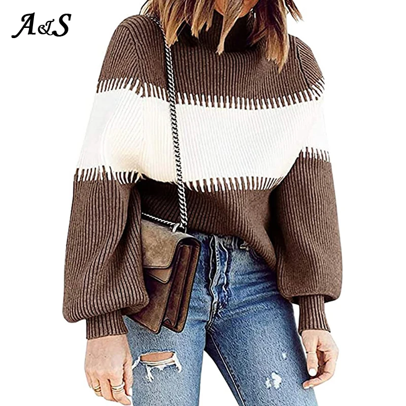 

Anbenser Autumn Knitted Turtleneck Sweater Women Winter Thick Long Oversized Sweaters Female Block Color Pullovers Korean Tops