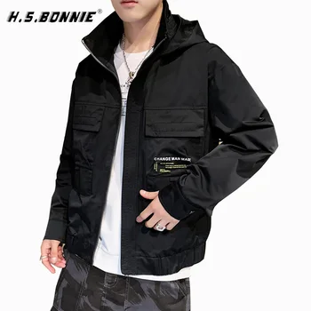 

2019 New Style Casual Bomber Jacket With Hat Men Hip Hop Windbreaker Jackets Male Coat Fashion Autumn Winter Khaki Streetwear