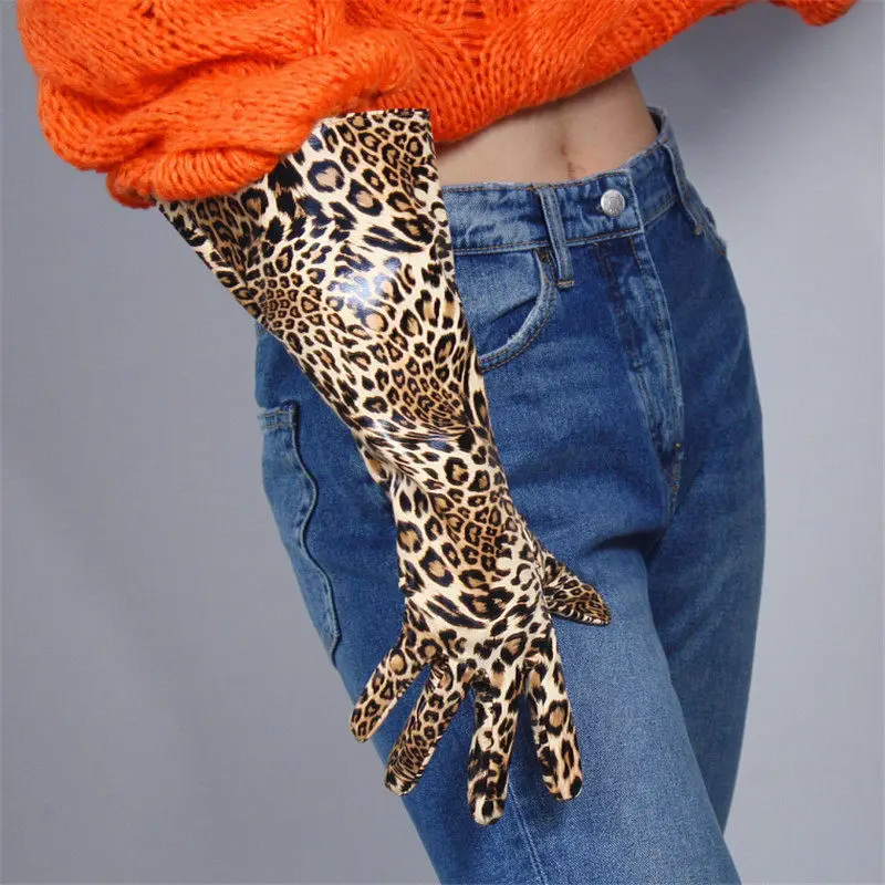 leopard Длинные перчатки для сенсорного экрана 38 см, с большим рукавом, с широкими манжетами, с рукавом-фонариком, с пышным рукавом, из кожи, черные, мужские, женские, WPU134 - Цвет: leopard