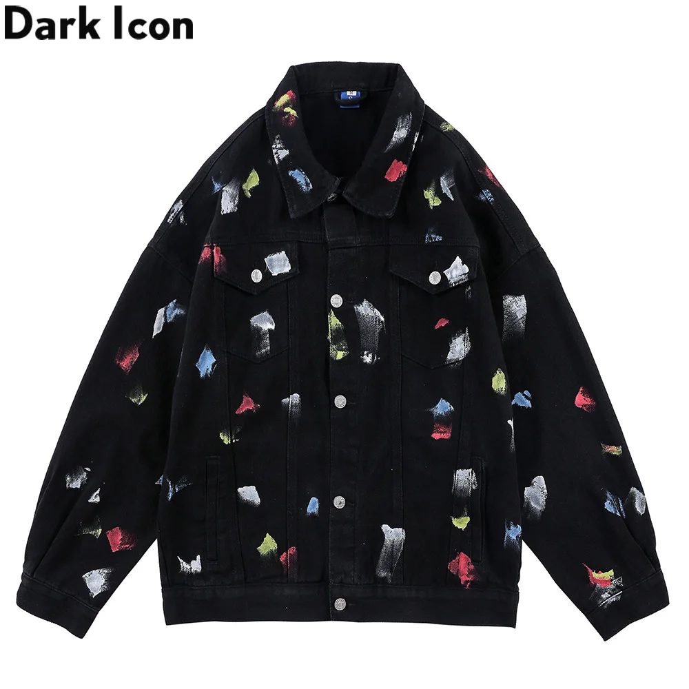 Dark Icon Foil Paint Splatter Denim Jacket Men Black White Jeans Jackets for Autumn Streetwear