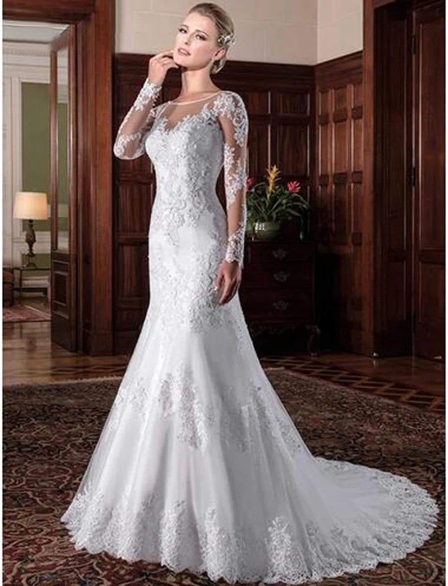 LAYOUT NICEB Mermaid Wedding Dress 2021 Illusion Back Vestido De Noiva Long Sleeve Beads O Neck Lace Appliques Bride Bridal Gown 1