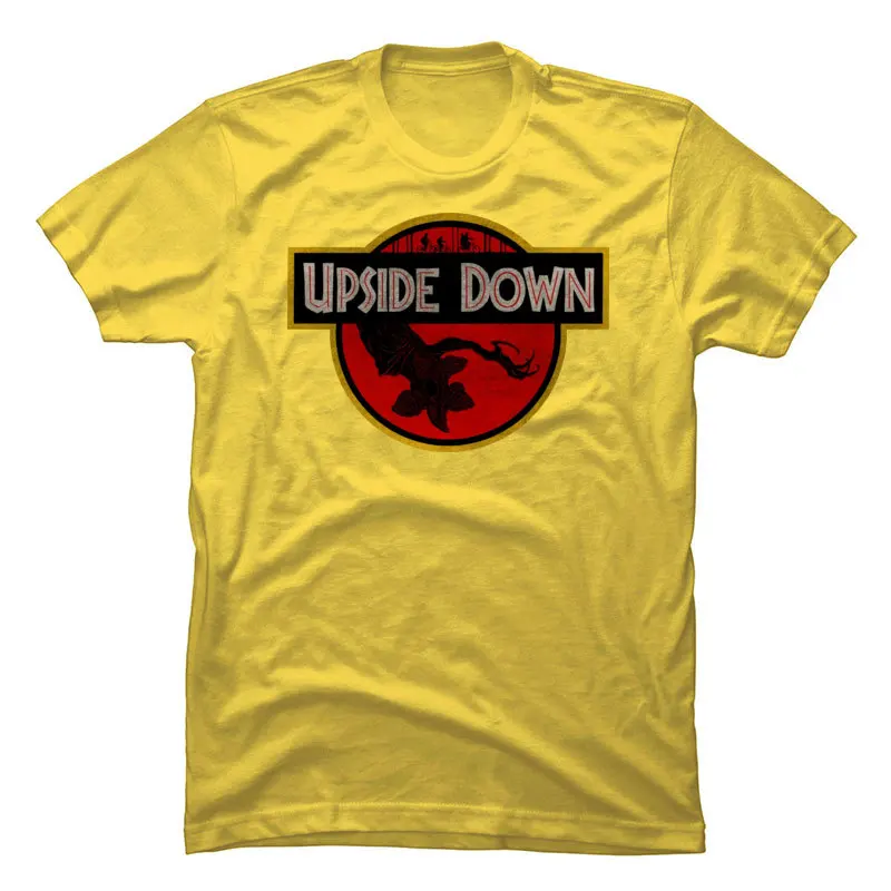UpsideDownStrangerThingsJurassicPark Pure Cotton Tops Shirt for Men Summer T Shirts Prevalent O Neck Tops Shirts Short Sleeve UpsideDownStrangerThingsJurassicPark yellow