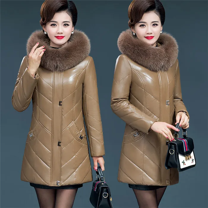 Women Leather Coat Winter New Fashion Warm Fur Collar Hooded Faux Sheepskin Jacket Tops Outerwear Female Plus Size L-7XL - Цвет: Coffee