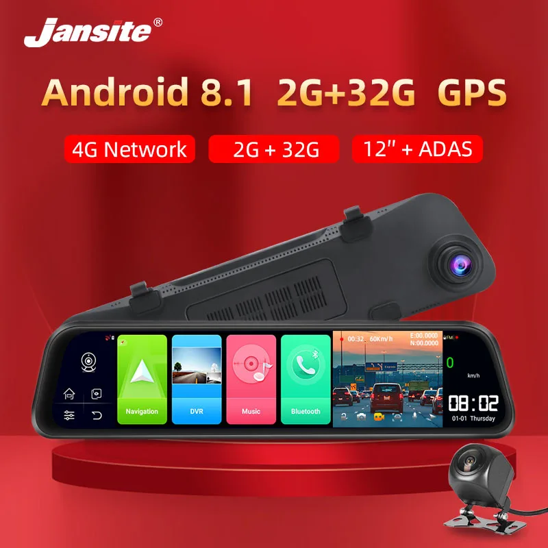 Jansite 12” Dvr Dash Cam 4g Touch Screen Rear View Camera Android 8.1
