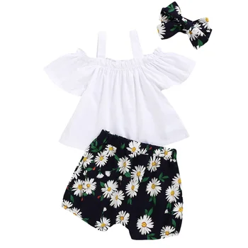 

Flower Print Baby Girl Clothes Summer Newborn Clothes For 9-12 Months 3Pcs Girls Tops Tee+Floral Shorts+Headband Infant Suit D30