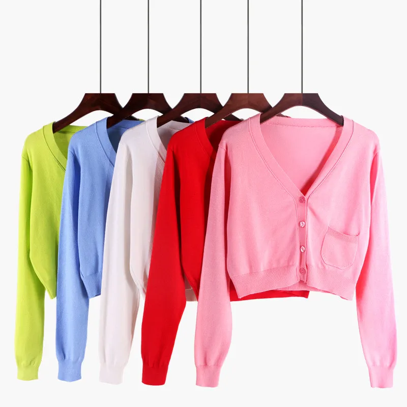 New Arrival Spring and Autumn Knitted Cardigan Short Coat Casual V-Neck Long Sleeve Cardigans Sweater Thin Female Tops |