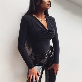 

Sexy Women Long Sleeve Low Cut Romper Jumpsuit Bodysuit Clubwear Outwear Deep V-neck Stretch Leotard Bodycon Bodysuit Top Blouse