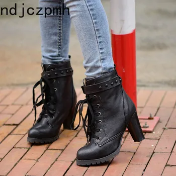 

Women's Boots Autumn and Winter New Fashion Round Head Lace-up Thick Heel High Heel 8.5cm Short Tube Women's Shoes Size 34-43