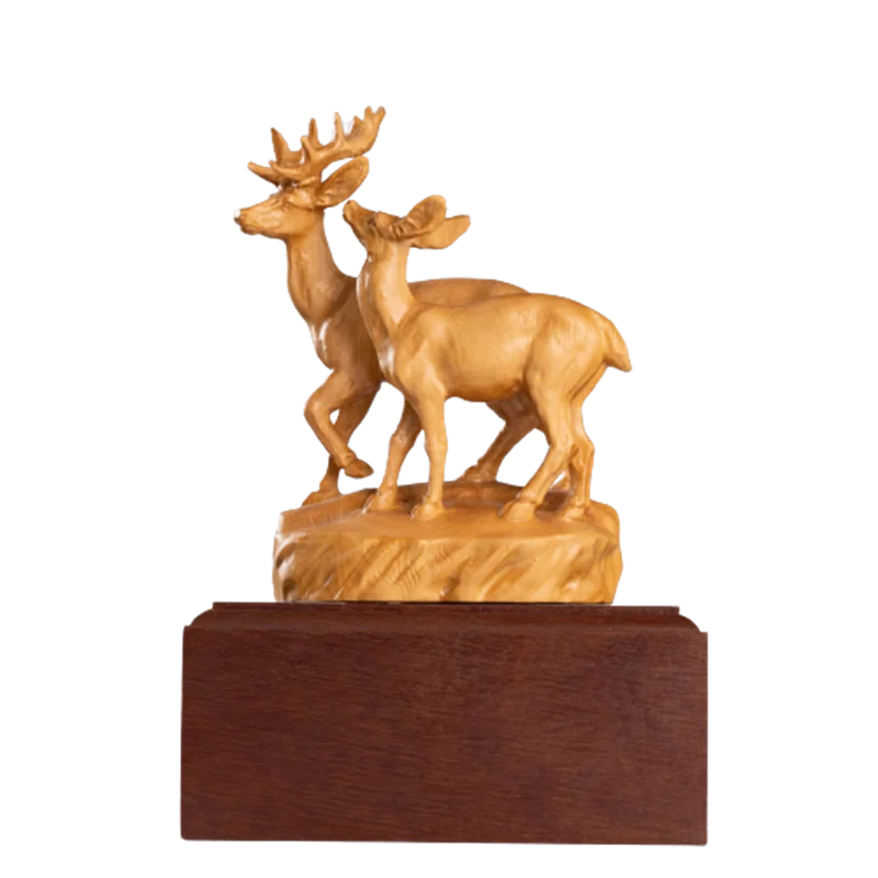 

Double Deer Solid Wood Ornaments Hand Carved Animal Sculptures Elk