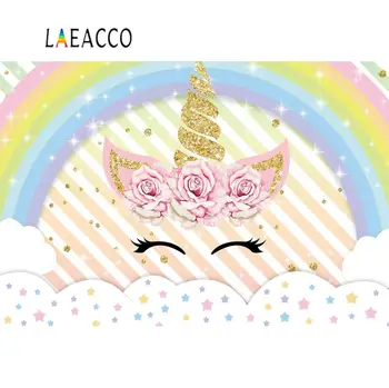 

Laeacco Rainbow Unicorn Birthday Party Shiny Star Cloudy Baby Cartoon Banner Portrait Photo Backgrounds Photographic Backdrops