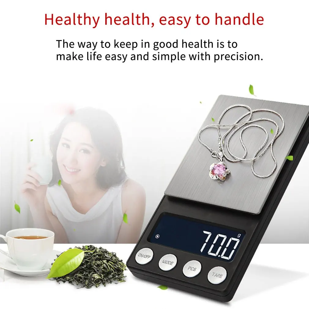 LED Jewelry Digital Scale Portable Electronic Scales With Tray 200/500g 0.01/0.1g Flat Scale Charging Mode
