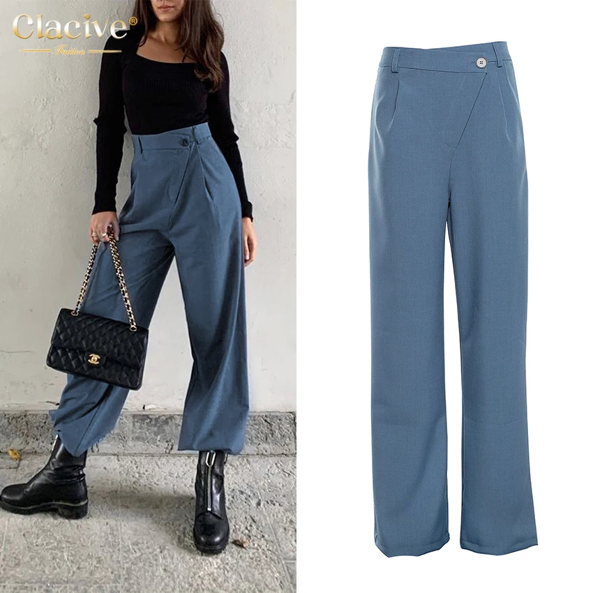 

Clacive Blue Pants Female Winter Fall Woven High Waisted Trousers Casual Office Lady Button Solid Color Zipper Women Pants 2020