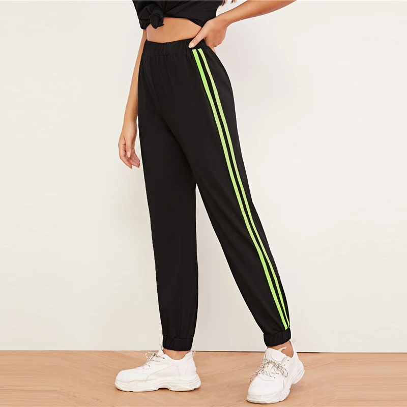 SweatyRocks неоновый зеленый сбоку женский эластичный пояс штаны для активных тренировок одежда черные брюки женские повседневные штаны с эластичной резинкой на талии