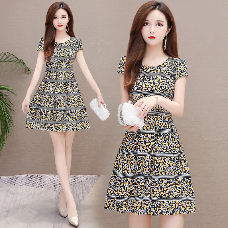 

2019 Summer Women's Dress New Style Large Size Floral Printed Dress Korean-style Mid-length Short Sleeve Crew Neck Slim Fit A- l