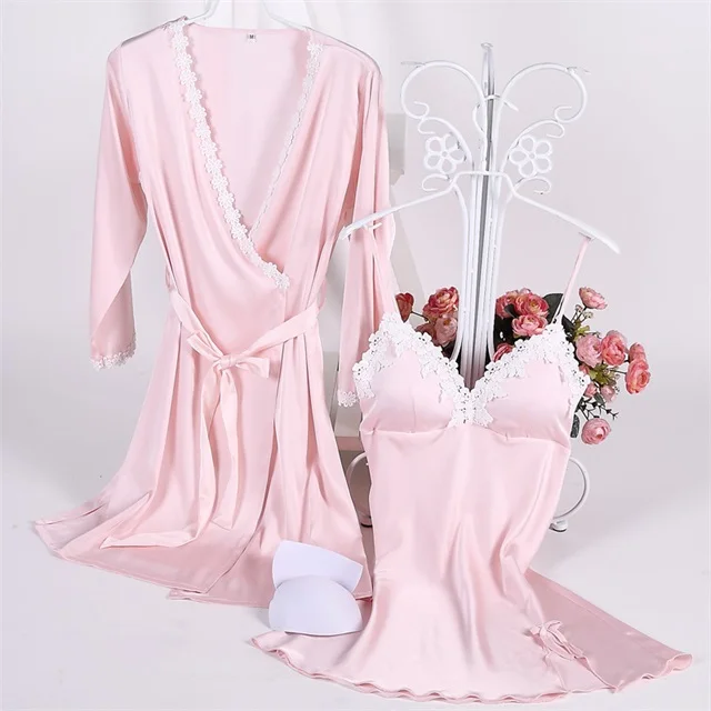 Ladies Elegant Silk Satin Robe Set Half Sleeve Bathrobe& Sexy Nightdress Lace Sleepwear Set Fashion Twinset For Women - Цвет: 5