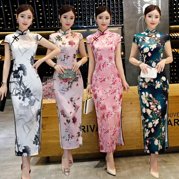 

New Arrival White Green Chinese Women Dress Satin Qipao Sexy Long Cheongsam Summer Plus Size 3XL 4XL 5XL Floral Vintage Qipao