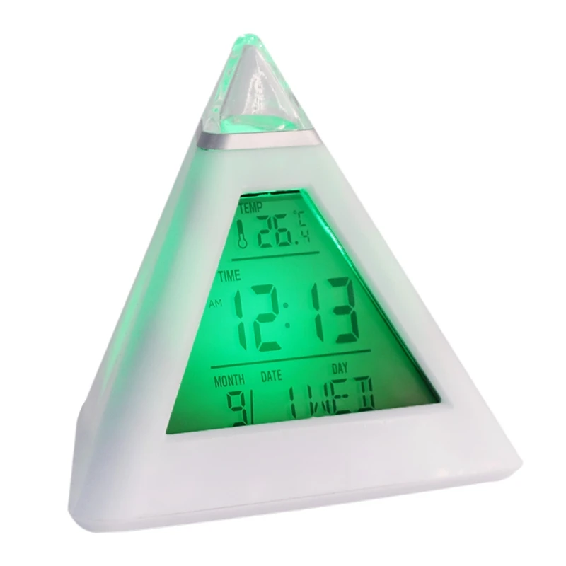 

Triangle Pyramid Time 7 Color Change LED Alarm Digital LCD Clock Thermometer New