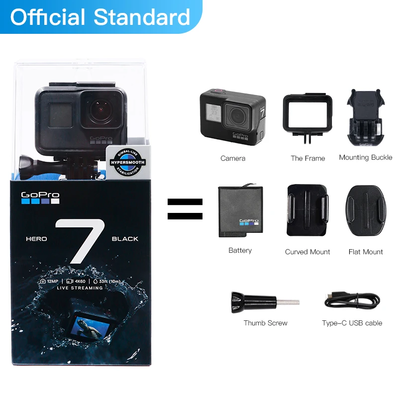 Official Standard Оригинальная Экшн-Камера GoPro HERO 7 Black 4K 60fps 1080P 240fps Video Go Pro Sports Hero7 Black Helmet Cam с прямой потоковой передачей - Цвет: Official Standard