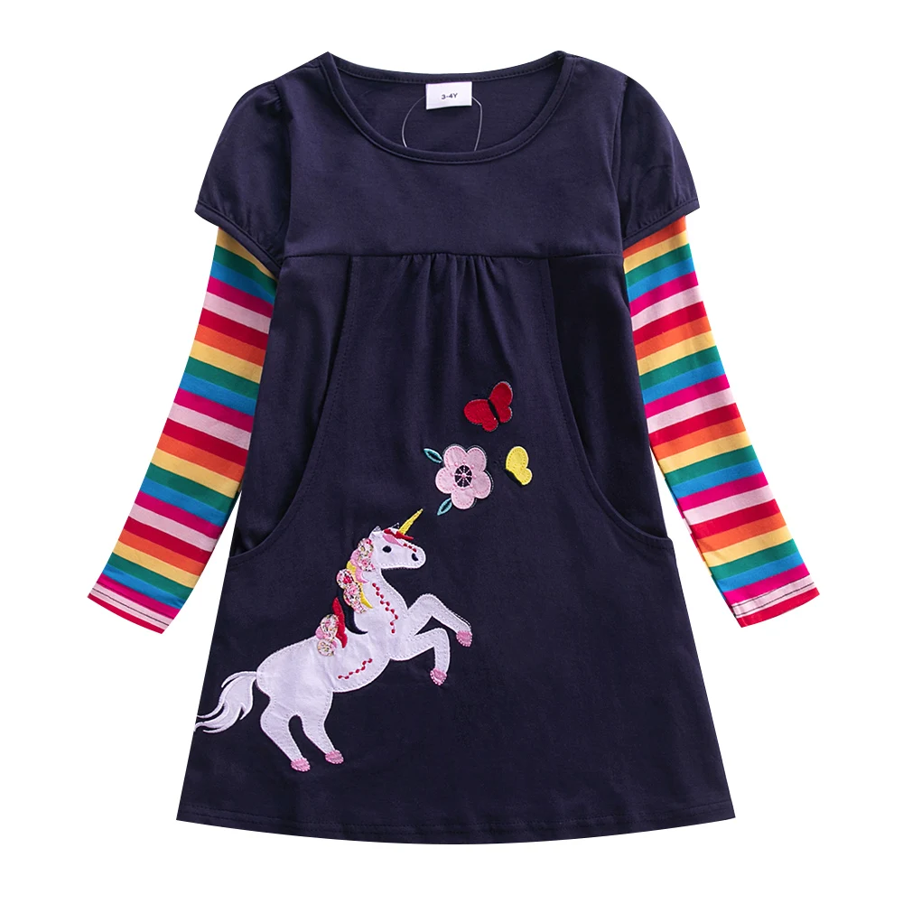 Loser season dresses JUXINSU Winter Toddler Girls Cotton Long Sleeve Dresses Unicorn Flowers Casual Clothes Rainbow Stripes for Kids 3-8 Years off shoulder dress