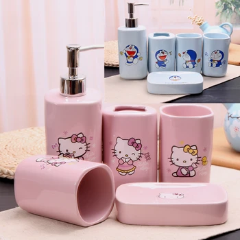

5pcs/set Ceramic Hello Kitty Toothbrush Cup Make Up Storage Makeup Holder Organizer Soapbox Toothbrush Holder Cute Lotion Bottle