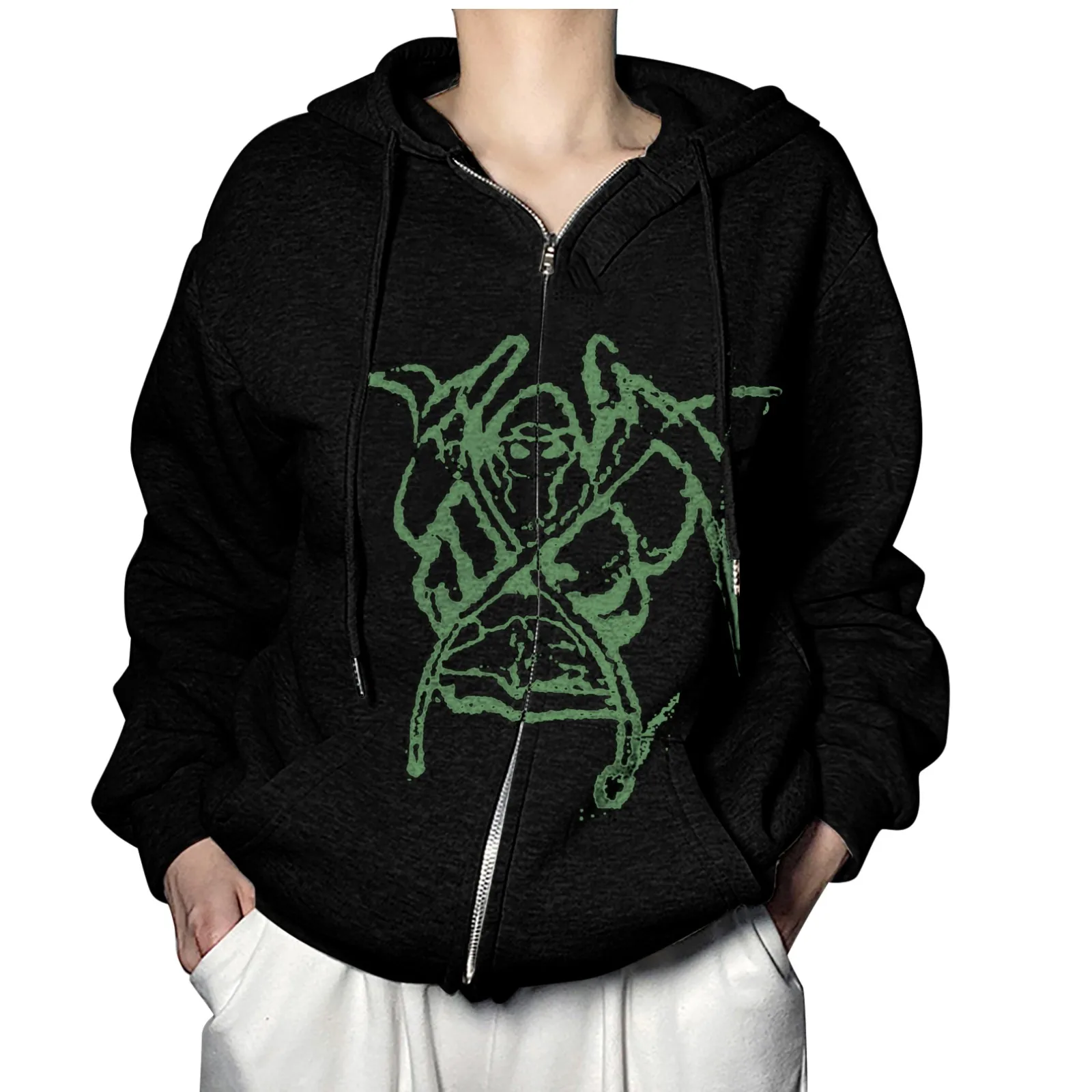 Y2k Skeleton Printed Hoodies Women Full Zipper Drawstring Long Sleeve Hooded Coat Female Oversized Harajuku Sweatshirt Tracksuit 2