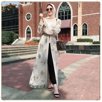 

Dubai Jubah Open Abaya Dress Women Long Robe Floral Embroidery Lace-up Spring Summer Arabic Islamic UAE Turkey Hijab Vestidos
