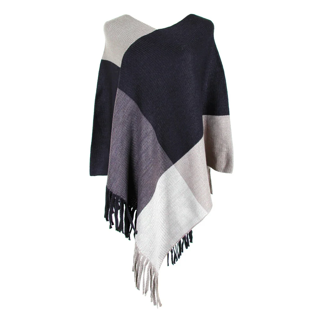 

New Fashion Woman Poncho Knit Splice Multicolor Tassel Pullover Acrylic Lady Coat For Woman Cape Poncho