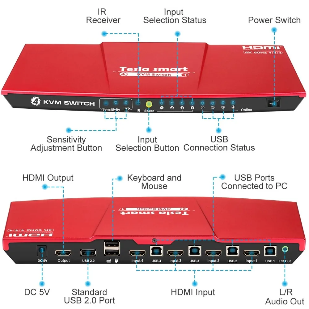 2019 Тесла smart Высокое качество HDMI 4K @ 60Hz HDMI KVM Switch 4 Порты и разъёмы USB KVM HDMI коммутатора Поддержка 3840*2160/4 K * 2 K очень USB2.0 Порты и разъёмы