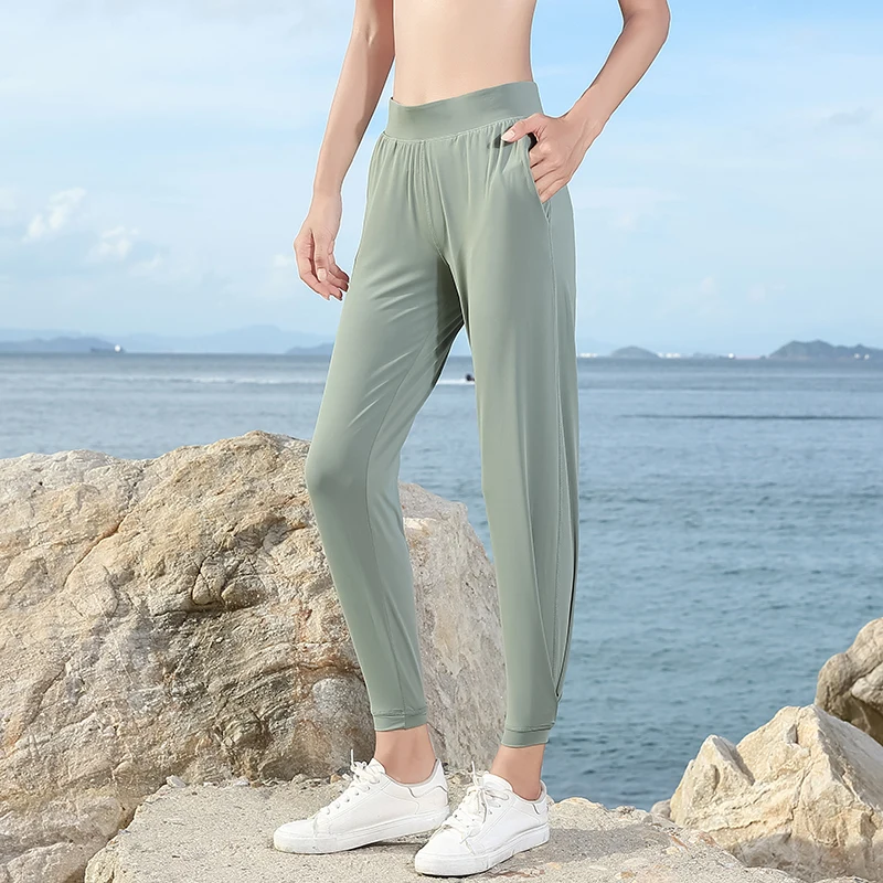 Спортивные штаны для женщин с высокой талией, Однотонные эластичные быстросохнущие штаны для йоги, пробежки, брюки для занятий спортом, дышащая ткань для тренировок, фитнеса