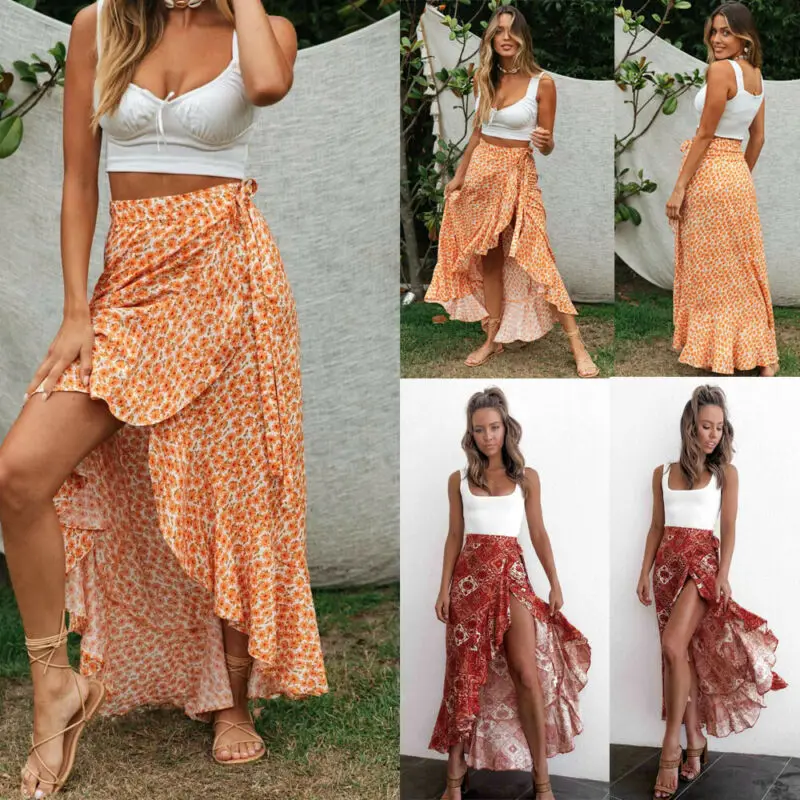 Fashion Women Floral High Waist Ruffled Jersey Gypsy Long Maxi Full Skirt  Summer Beach Long Dress Split Boho S XL|Cover-up| - AliExpress