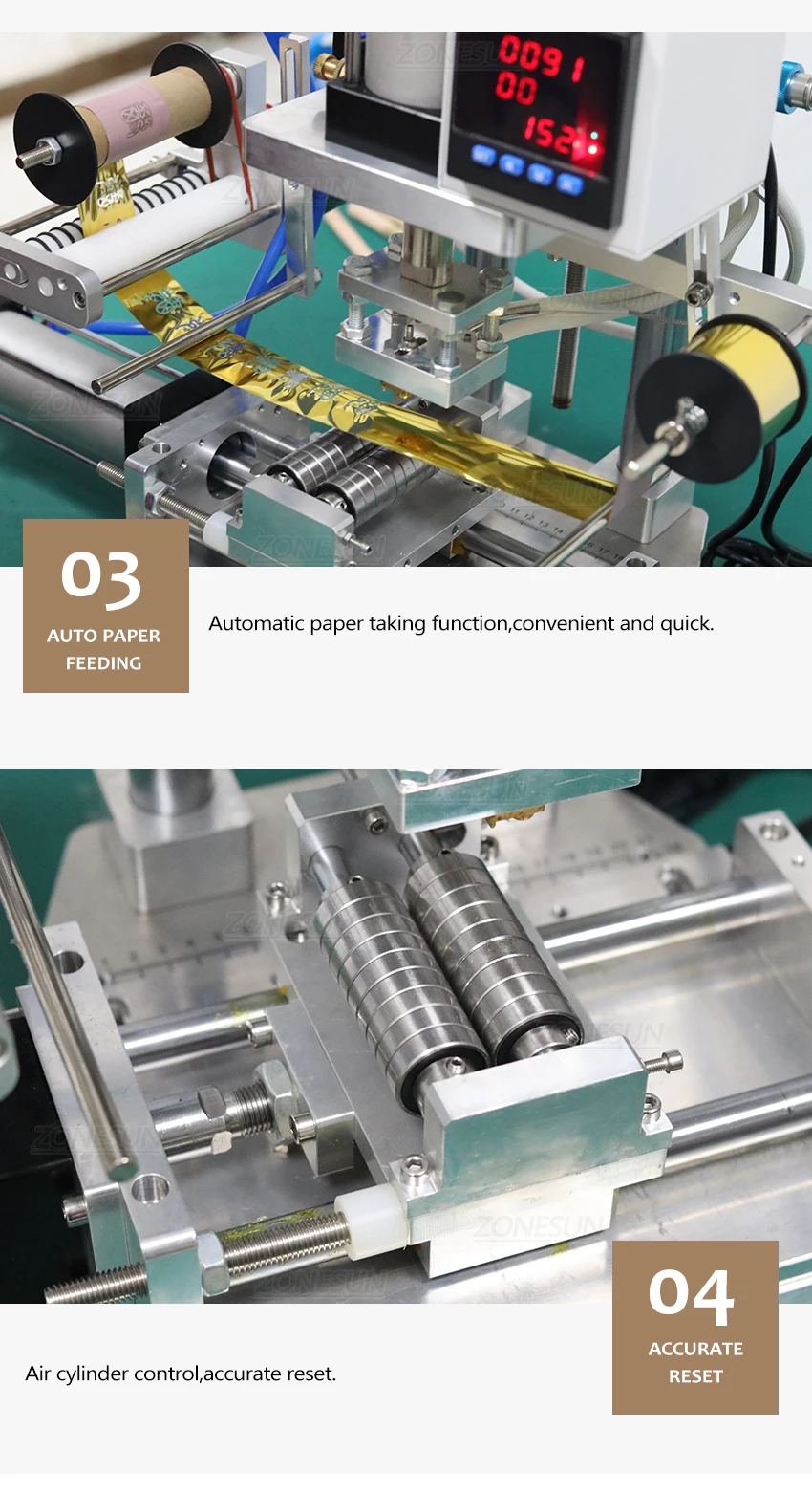 ZONESUN Машина для горячего тиснения Автоматическая функция подачи бумаги для круглой формы продукта Горячая передача бумаги из фольги